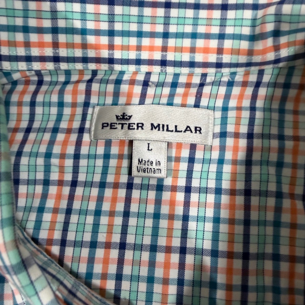 Peter Millar Shirt Mens L Blue Orange Plaid Performance MF18EW12BL‎ Stretch - Picture 2 of 8